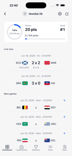 Hunch PRO pool dashboard with points, upcoming matches, and next games to predict