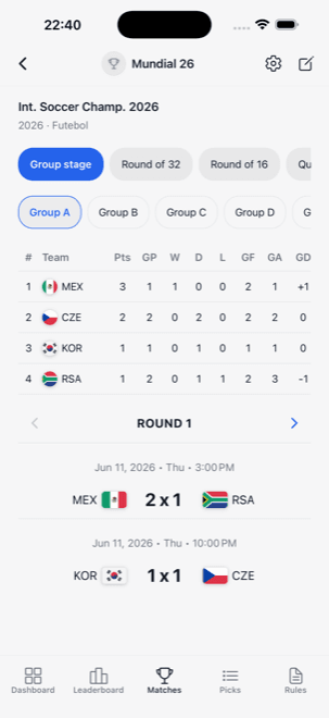 Hunch PRO pool matches screen with group standings and match results